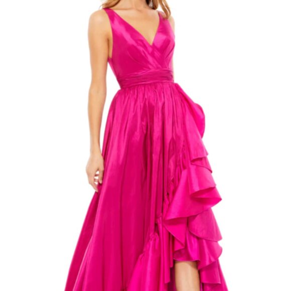 MAC DUGGAL 67835 TAFFETA HI-LOW RUFFLE HEM MAGENTA GOWN sz 6 - Picture 3 of 7